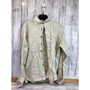 Women Shirt Large Tan Linen Chambray Button Down Long Sleeve